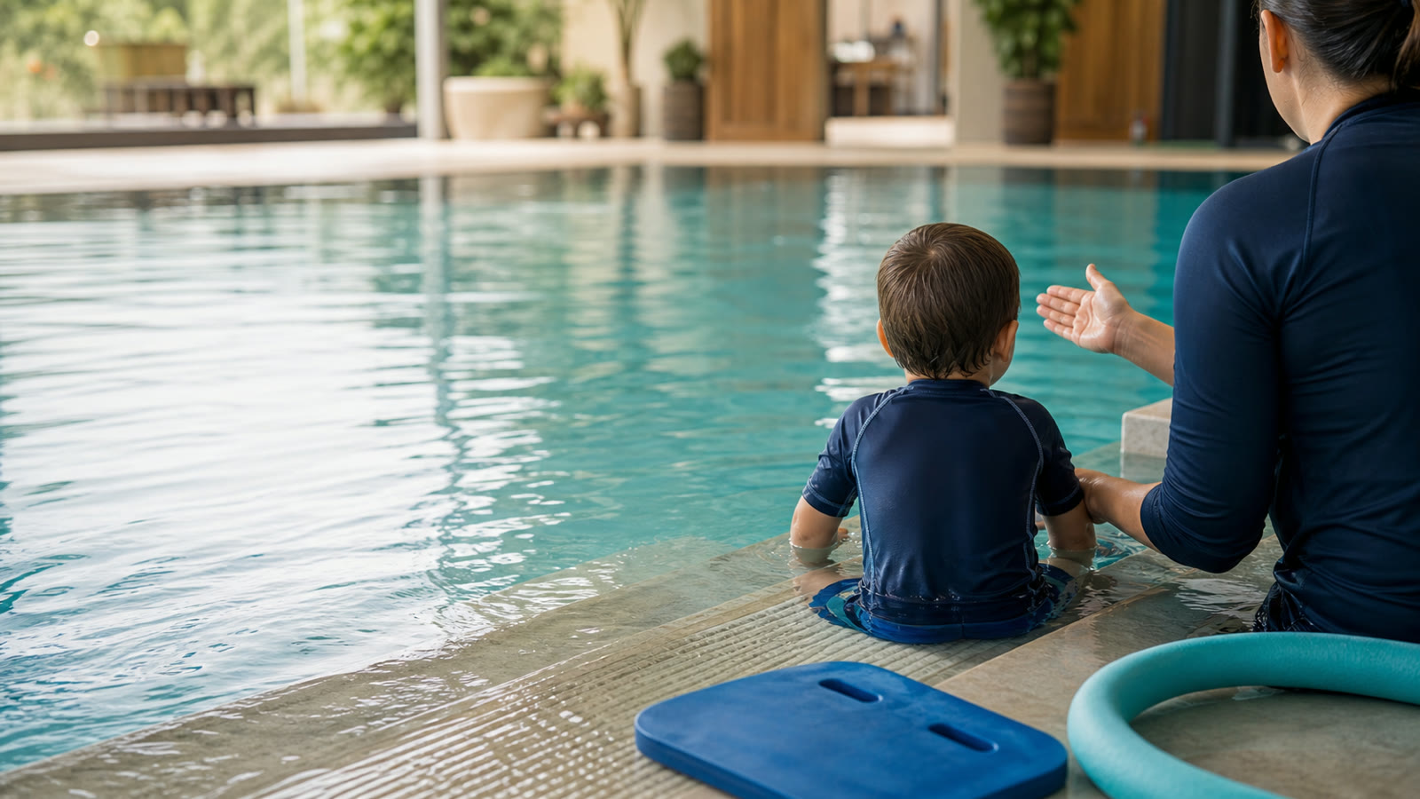 Children at different stages of swim readiness in a calm instructional pool setting.